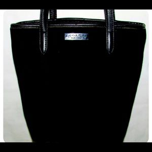 COACH-Vintage “90’s” Black Microfiber, Leather Trim & Strap Monogram Purse.